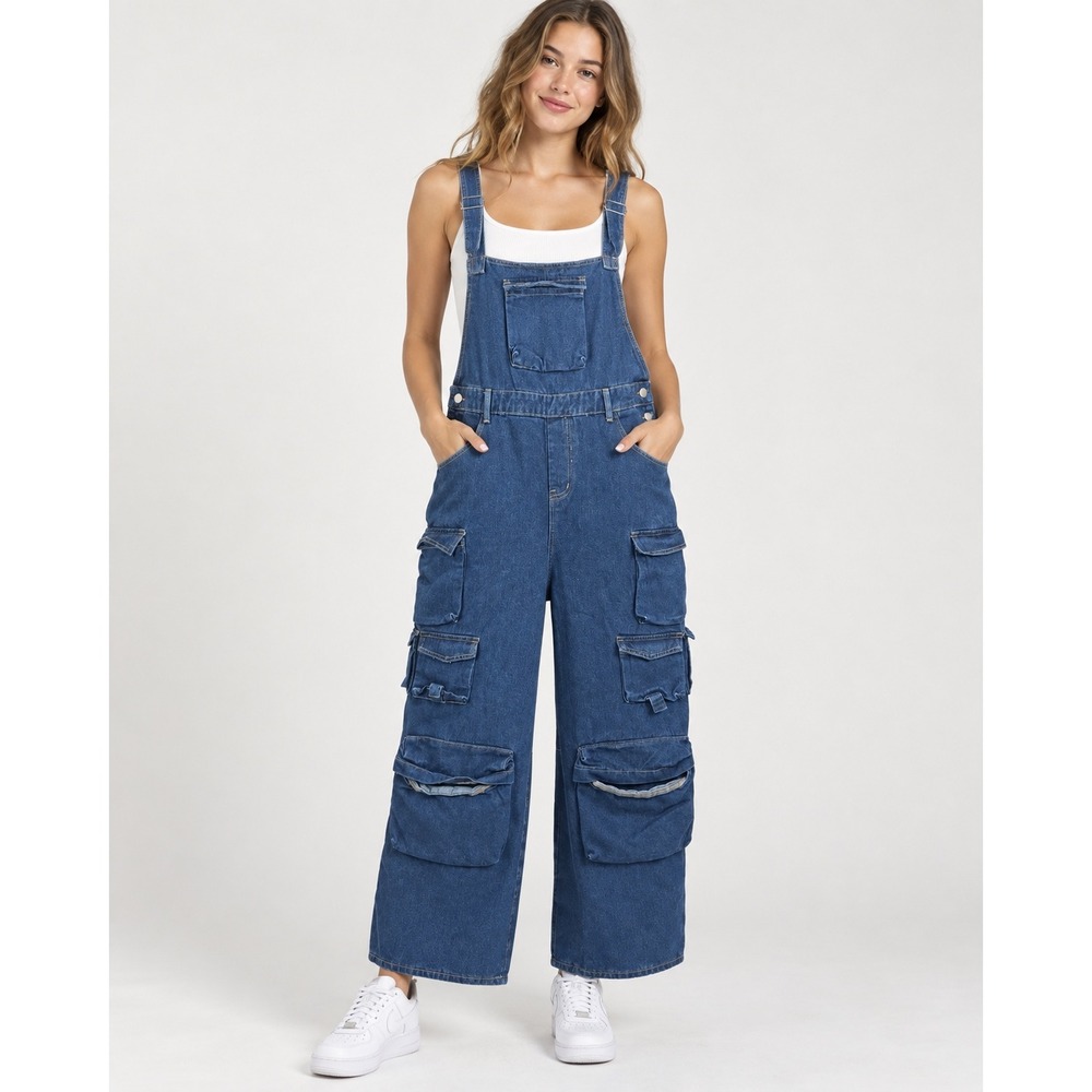 Unbranded Cargo Denim baggy Overalls XXL Blue Y2K Wide Leg grunge utility